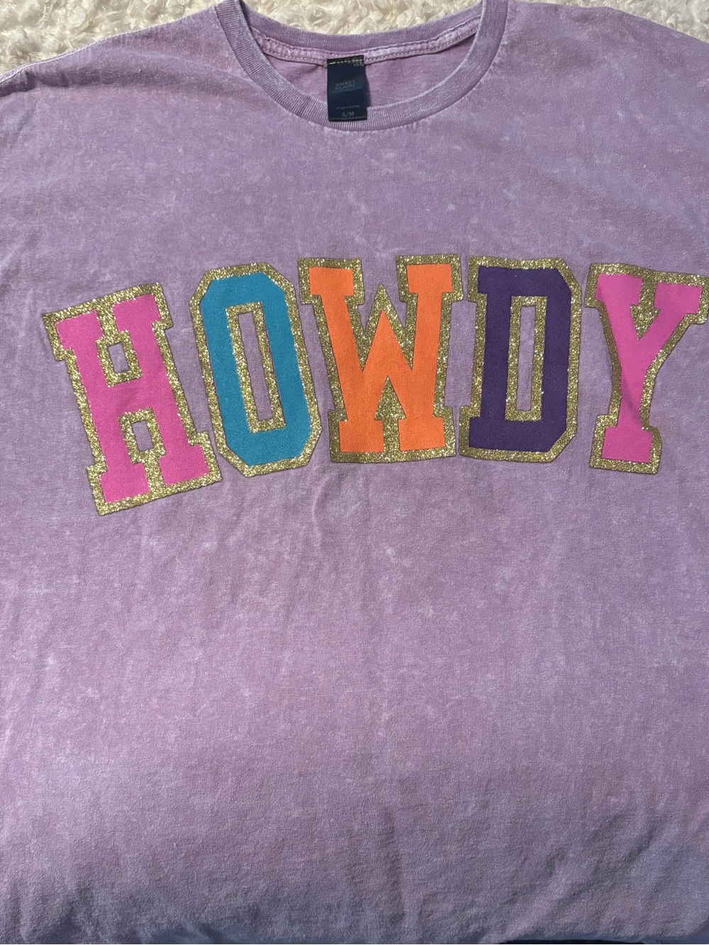 Womens Lavender 'HOWDY' Graphic Tee with Multicolor Glitter Letters